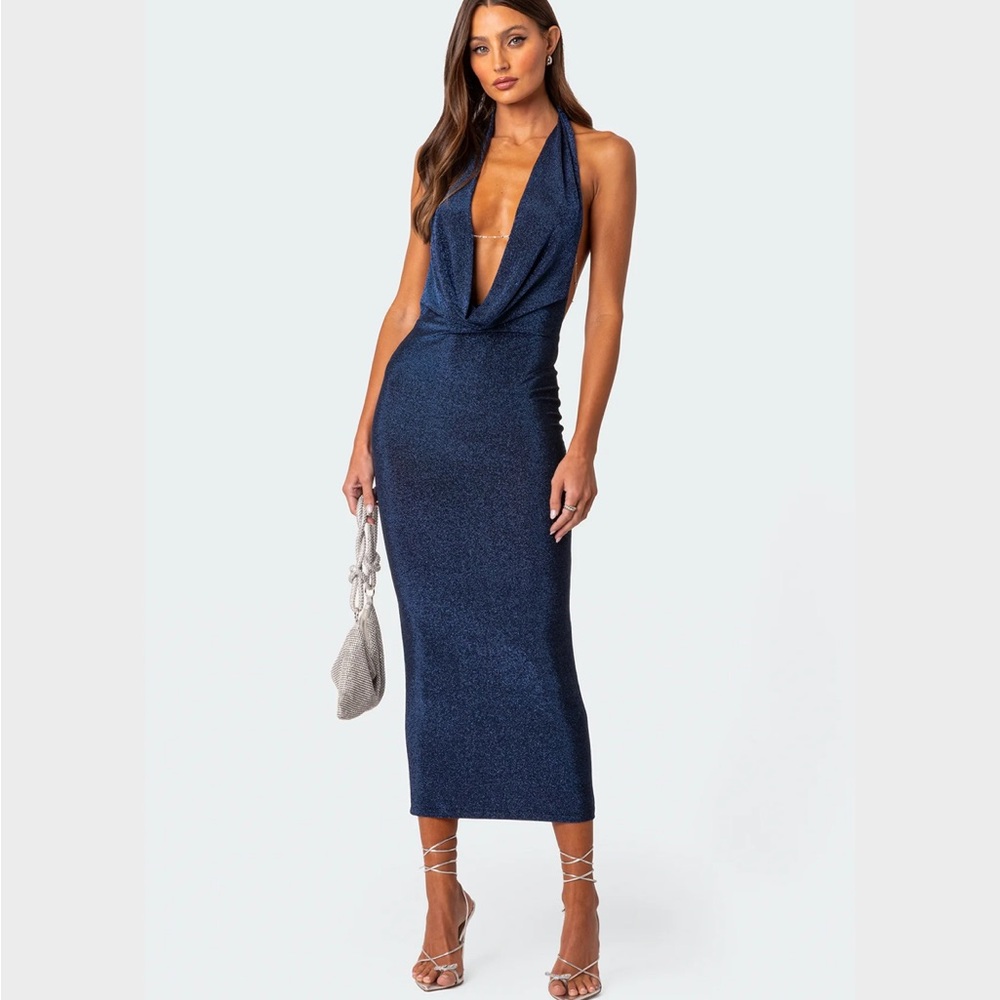 Edikted Navy Backless Halter Dress